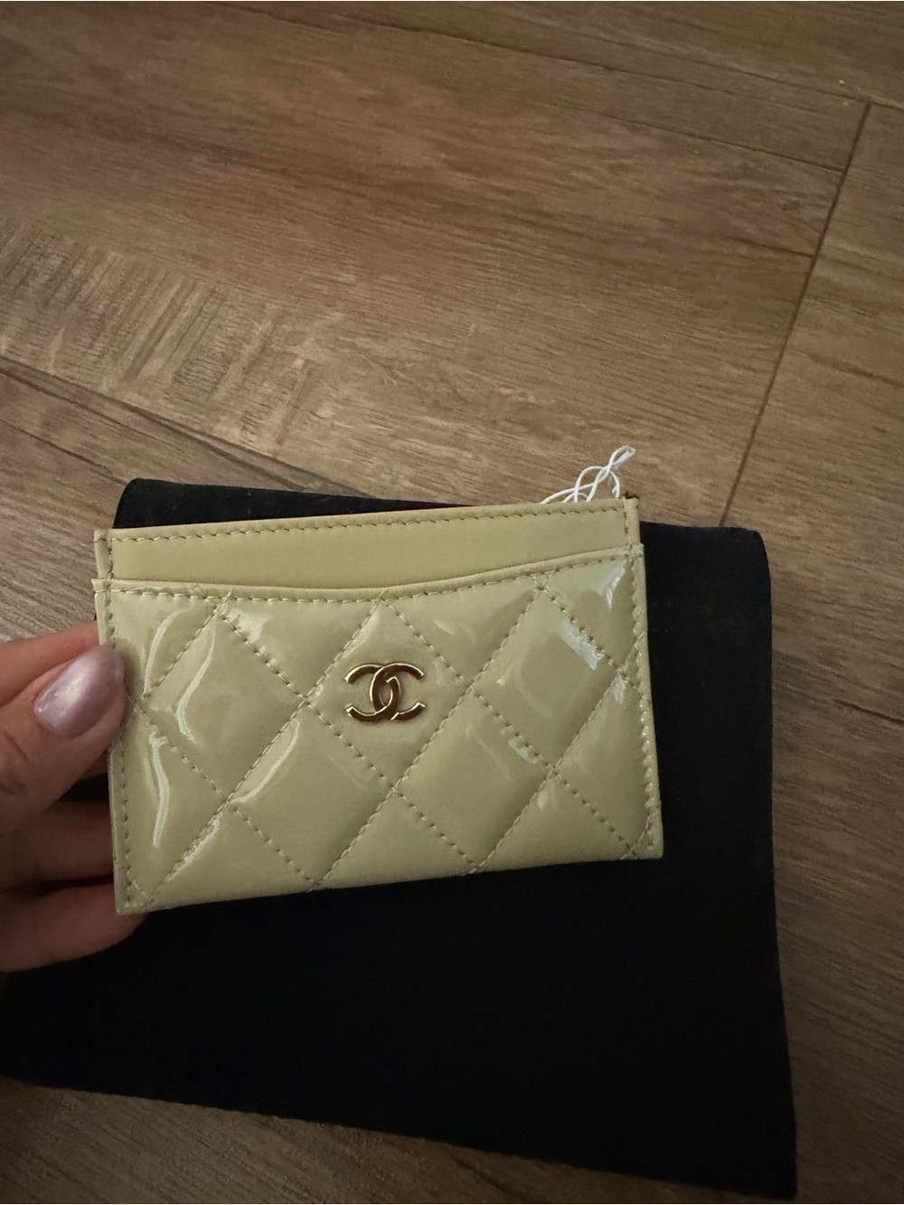 CHANEL Quilted Patent Card Holder in Light Yellow with Gold CC